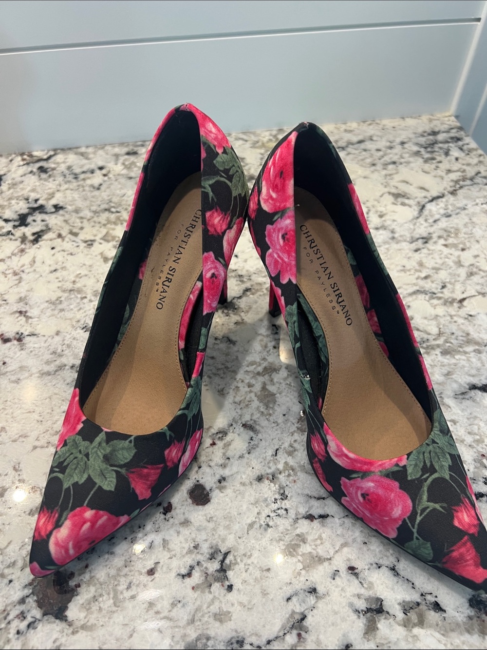 Christian Siriano Black Pumps with Pink Floral Print